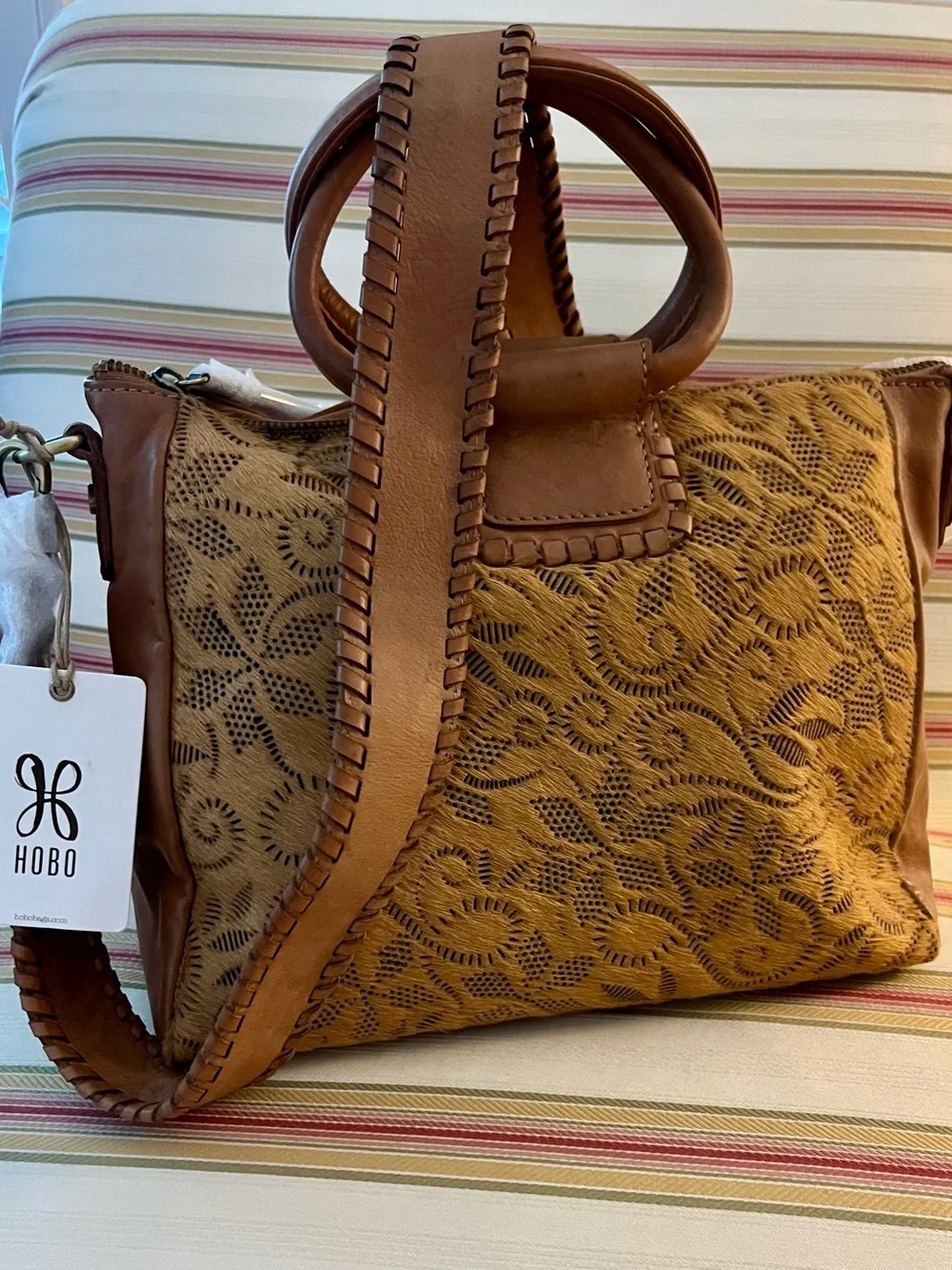 HOBO International Medium Shelia Tan Laser-Cut Leather Satchel with Top Handles